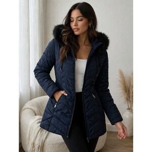 Tahari Puffer Coat Women's Small Navy Faux Fur Hood Zip Front Winter Jacket